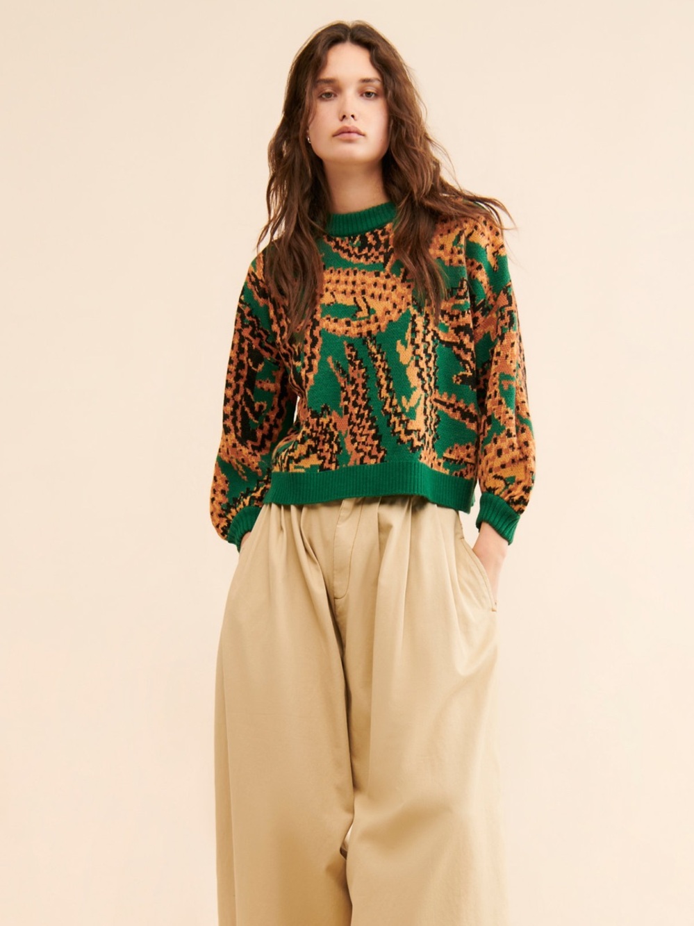 FARM Rio Green Crocodile Patterned Knit Sweater